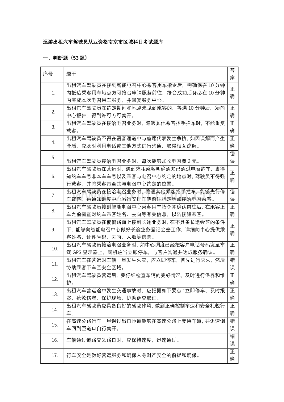 2024年巡游出租汽车驾驶员从业资格南京市区域科目考试题库.doc_第1页