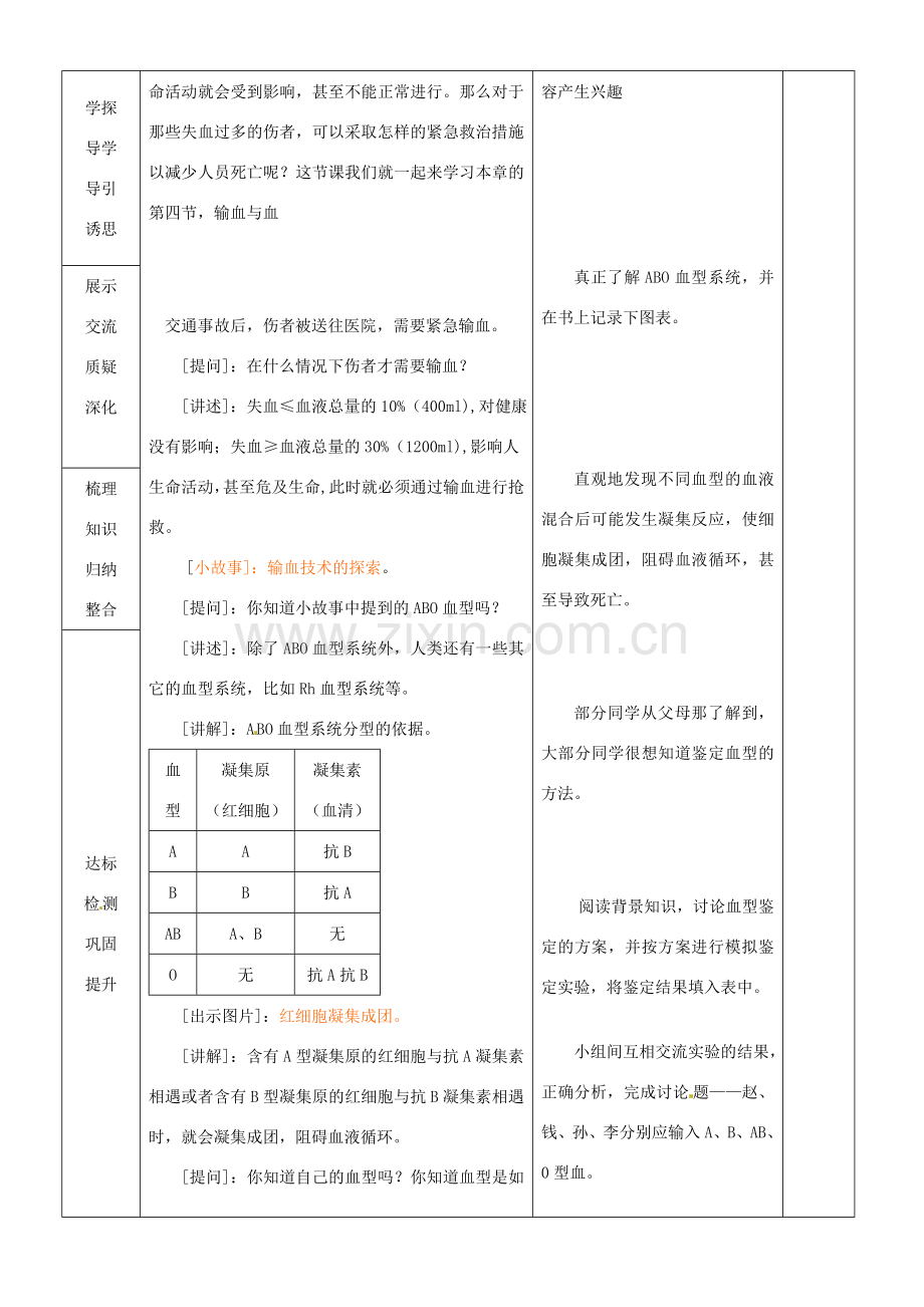 山东省临沂市蒙阴县第四中学七年级生物下册 4.4.4 输血和血型教案 （新版）新人教版.doc_第2页