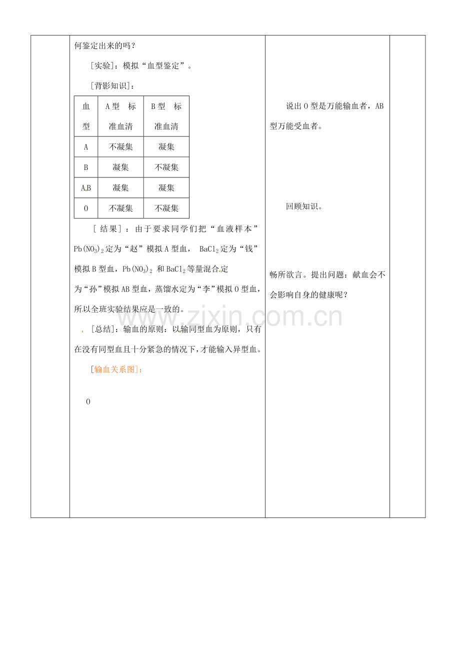 山东省临沂市蒙阴县第四中学七年级生物下册 4.4.4 输血和血型教案 （新版）新人教版.doc_第3页