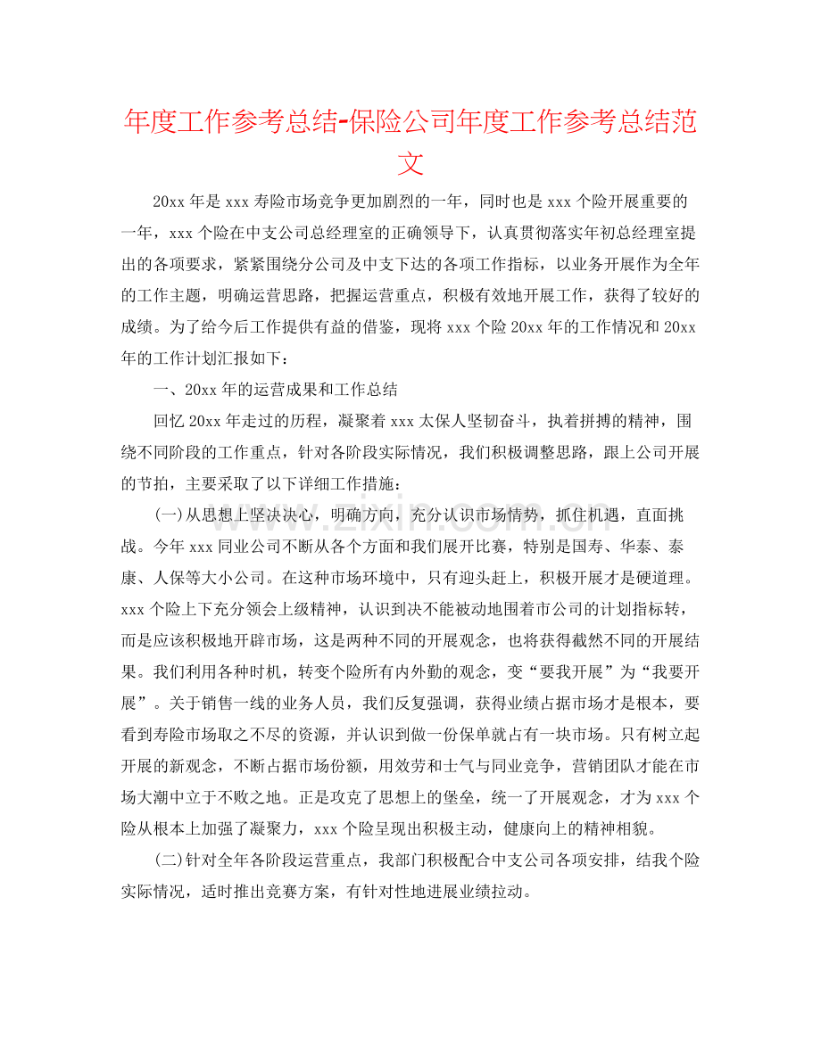 2021年度工作参考总结保险公司年度工作参考总结范文.docx_第1页