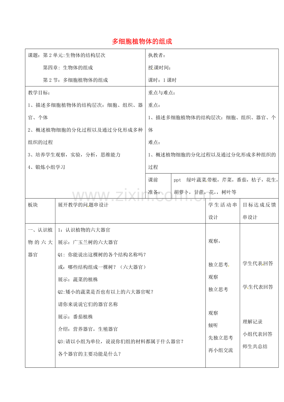 江苏省常州市七年级生物上册 4.2多细胞生物体的组成教案 （新版）苏教版-（新版）苏教版初中七年级上册生物教案.doc_第1页