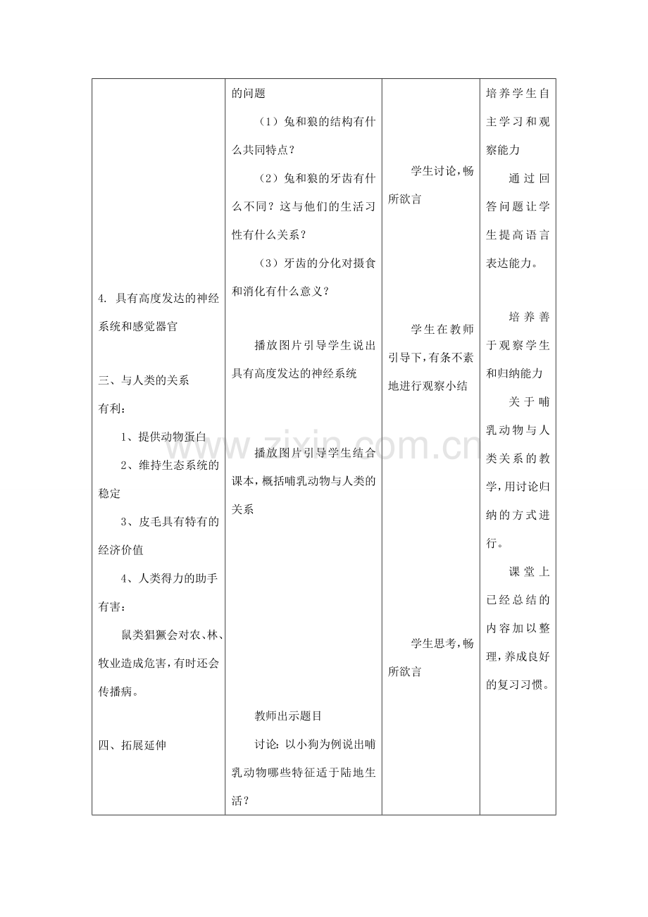 八年级生物上册 5.1.7《哺乳动物》教案3 （新版）新人教版-（新版）新人教版初中八年级上册生物教案.doc_第3页