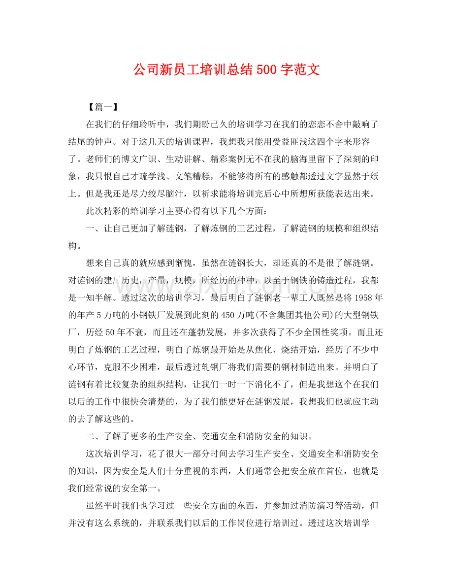 公司新员工培训总结500字范文 .docx_第1页