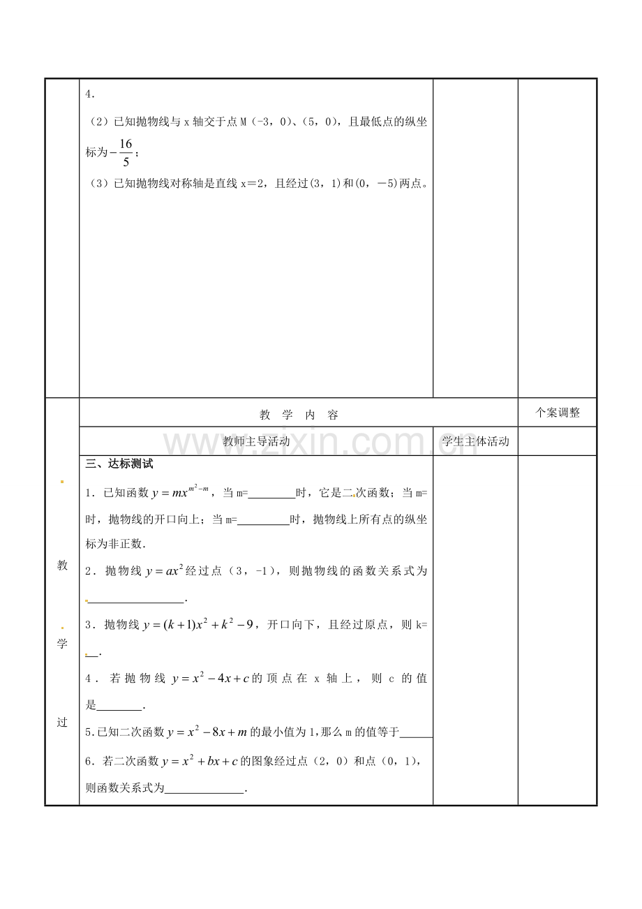 江苏省新沂市第二中学九年级数学下册 6.4 用待定系数法求二次函数关系式教案（1） 苏科版.doc_第2页