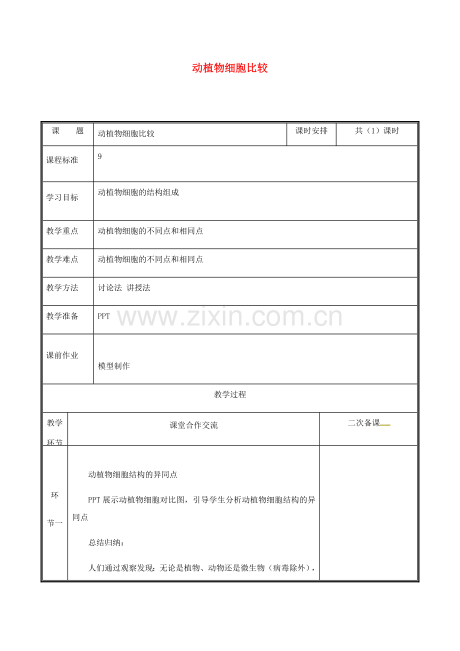 河南省中牟县七年级生物上册 2.2.2 动物体的结构层次（动植物细胞比较）教案 （新版）新人教版-（新版）新人教版初中七年级上册生物教案.doc_第1页