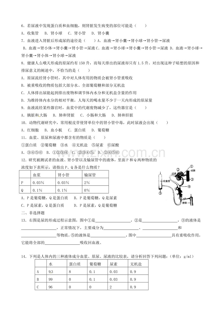 山东省淄博市临淄区第八中学七年级生物下册 第五章 人体内废物的排出教案+测试题（无答案） 新人教版.doc_第3页