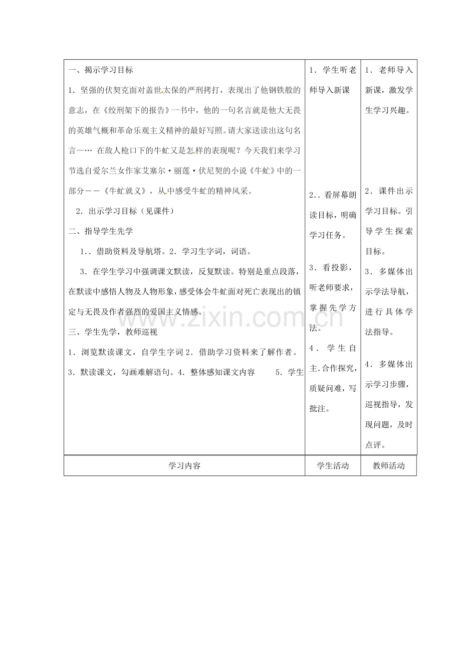 甘肃省酒泉市瓜州二中八年级语文下册《牛虻起义》第一课时教案 北师大版.DOC_第2页