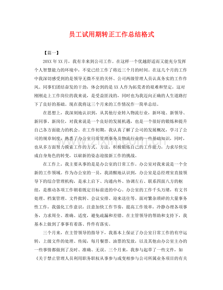 员工试用期转正工作总结格式 .docx_第1页