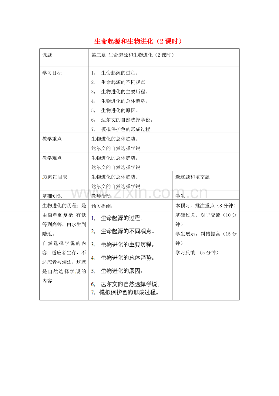 四川省北川羌族自治县擂鼓八一中学八年级生物下册 生命起源和生物进化教案 新人教版.doc_第1页