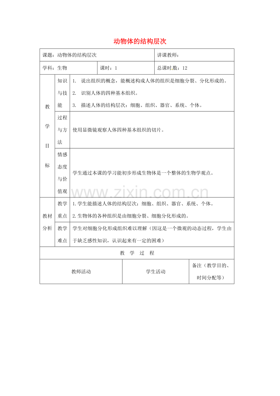 吉林省四平市第十七中学七年级生物上册 动物体的结构层次教案2 新人教版.doc_第1页