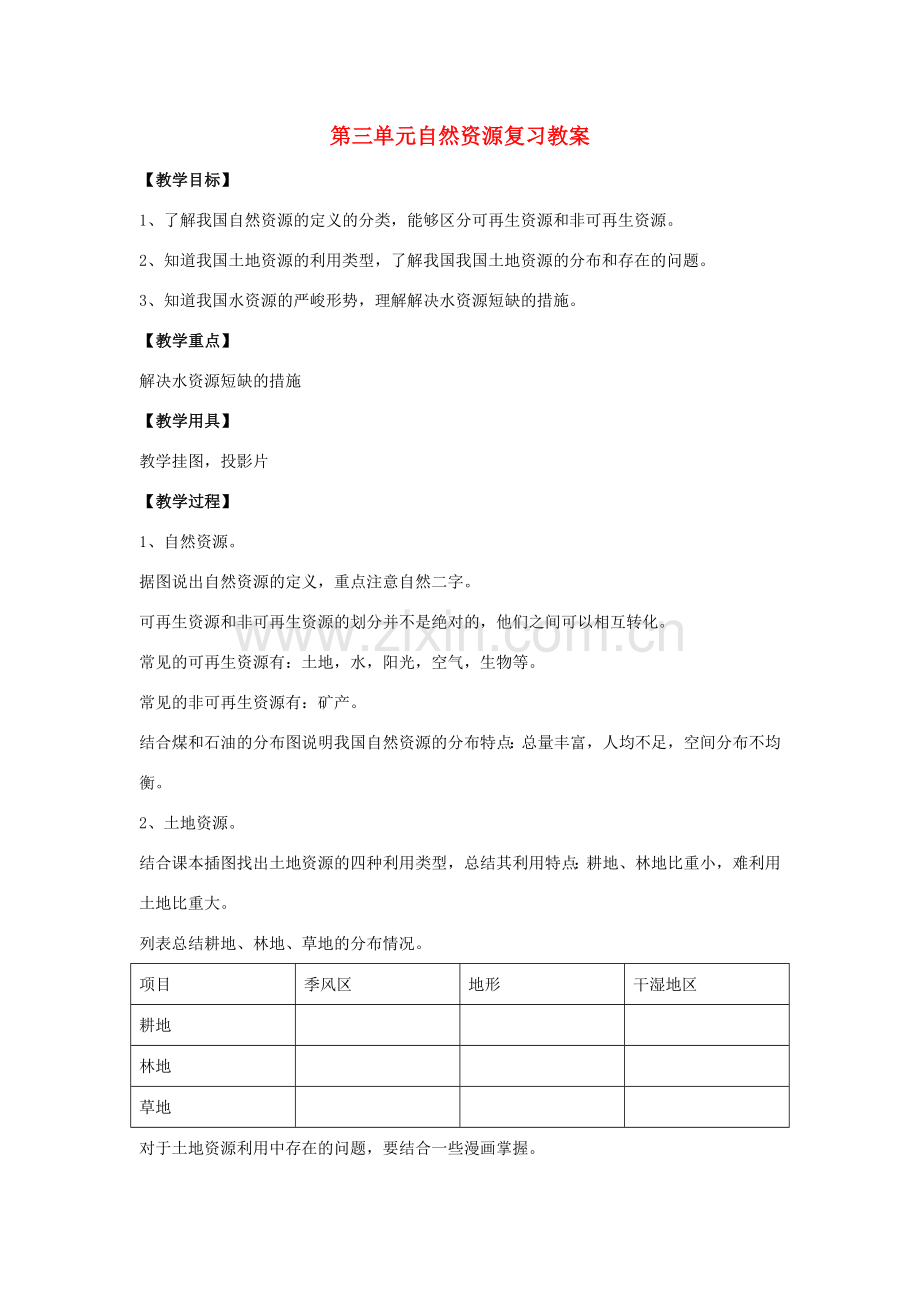 八年级地理上册第三单元自然资源复习教案 商务星球版.doc_第1页