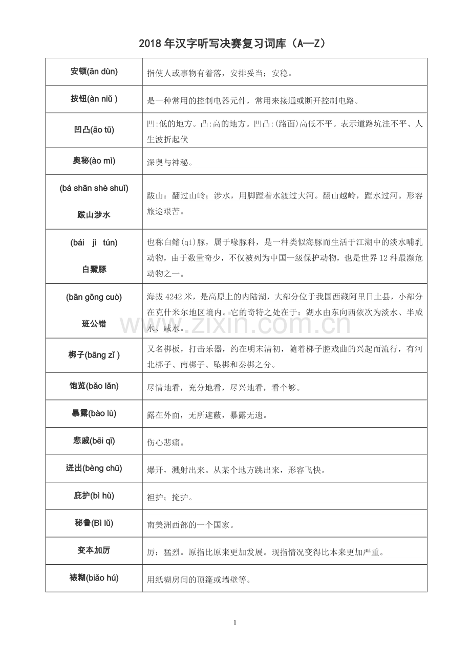 2018年汉字听写决赛复习词库(从A到Z).doc_第1页