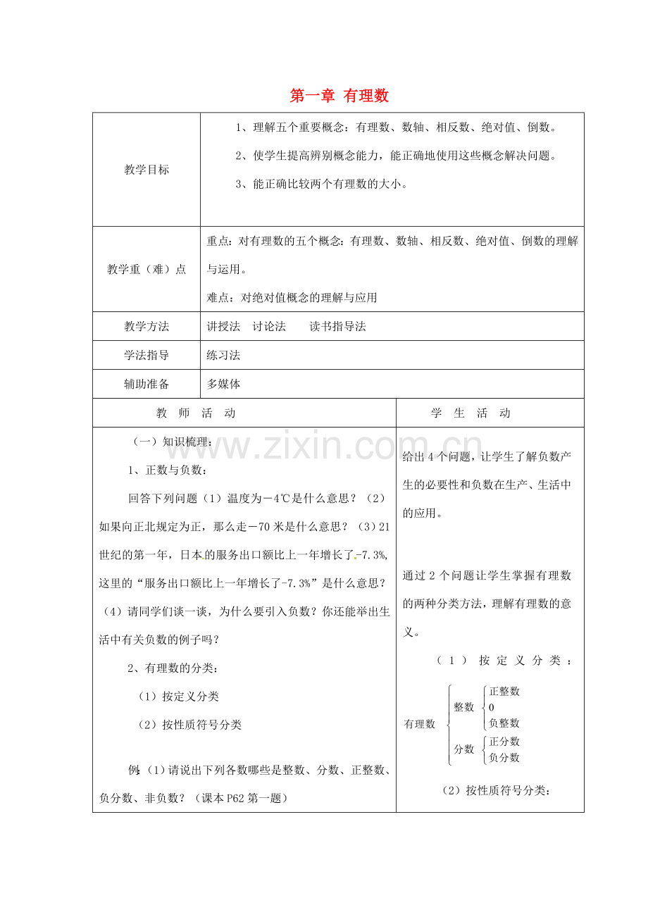 重庆市大足区拾万中学七年级数学上册 第一章 有理数复习教案1 （新版）新人教版.doc_第1页