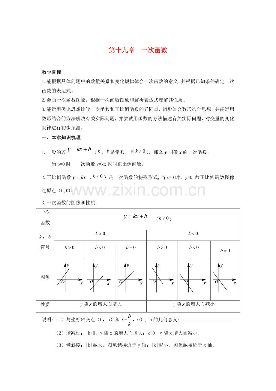 春八年级数学下册 第十九章 一次函数复习教案 （新版）新人教版-（新版）新人教版初中八年级下册数学教案.doc_第1页