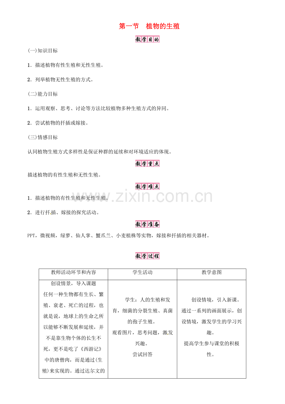 春八年级生物下册 第七单元 第一章 第一节 植物的生殖教案 （新版）新人教版-（新版）新人教版初中八年级下册生物教案.doc_第1页