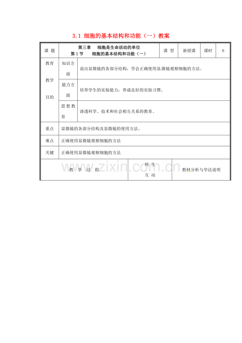 七年级生物上册 第二单元《生物体的结构》第3章 细胞是生命活动的单位 3.1 细胞的基本结构和功能（一）教案 （新版）北师大版.doc_第1页