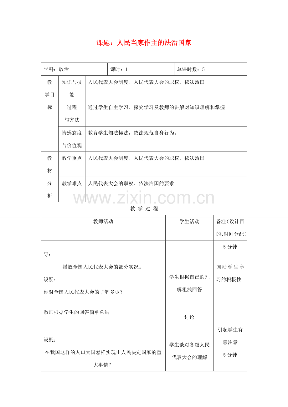 吉林省四平市第十七中学九年级政治全册《第六课 第一框 人民当家作主的法治国家》教案2 新人教版.doc_第1页