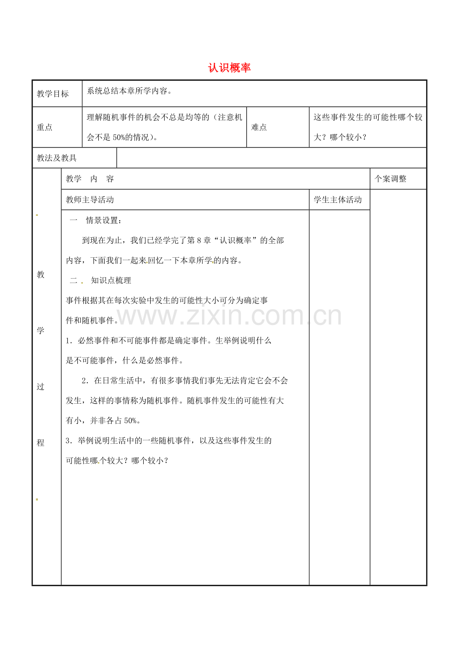 八年级数学下册 第8章 认识概率小结与思考教案1 （新版）苏科版-（新版）苏科版初中八年级下册数学教案.doc_第1页