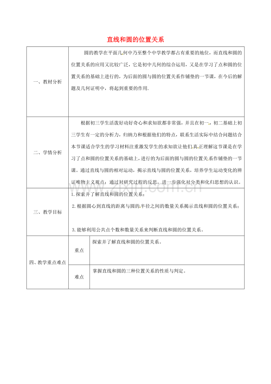 陕西省安康市石泉县池河镇九年级数学上册 24.2.2 直线和圆的位置关系教案 （新版）新人教版-（新版）新人教版初中九年级上册数学教案.doc_第1页