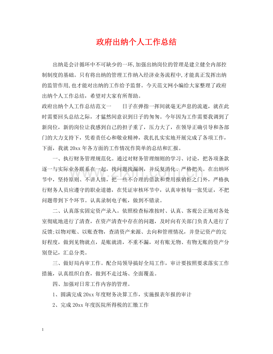 政府出纳个人工作总结.docx_第1页