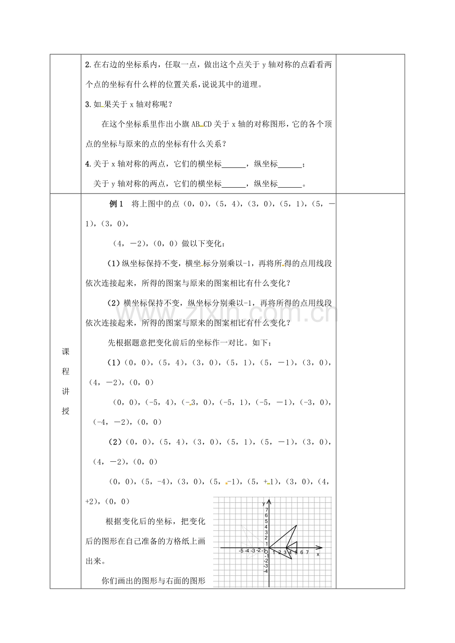 河北省邯郸市肥乡县八年级数学上册 第三章 位置与坐标 第三节 轴对称与坐标变化（1）教案 （新版）北师大版-（新版）北师大版初中八年级上册数学教案.doc_第2页