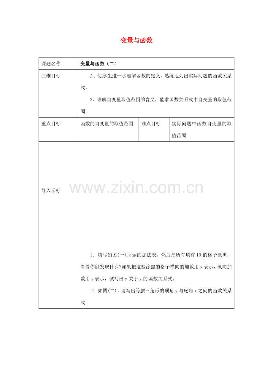 重庆市沙坪坝区虎溪镇八年级数学下册 17.1 变量与函数（二）教案 （新版）华东师大版-（新版）华东师大版初中八年级下册数学教案.doc_第1页