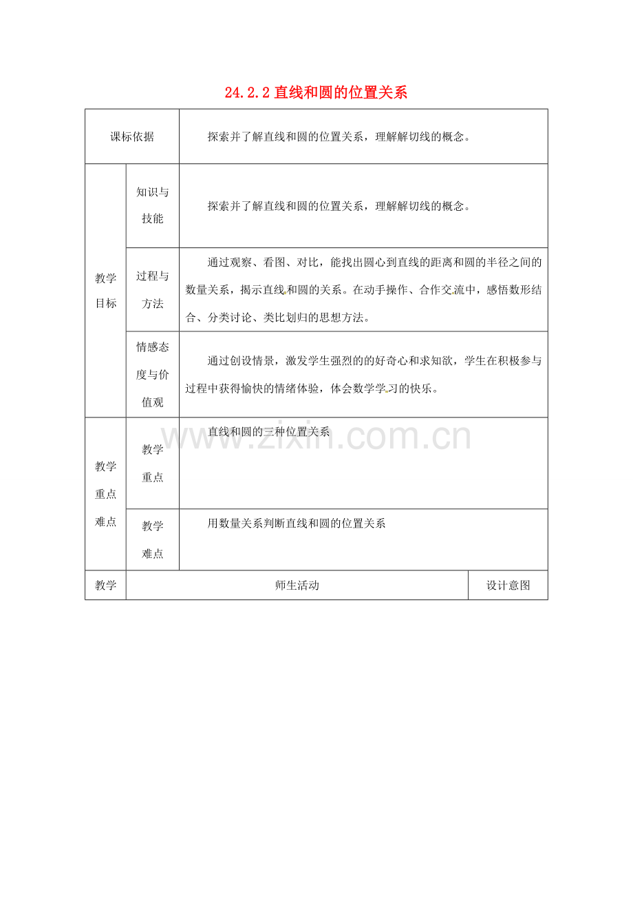 陕西省安康市石泉县池河镇九年级数学上册 24.2 点和圆、直线和圆的位置关系 24.2.2 直线和圆的位置关系(1)教案 （新版）新人教版-（新版）新人教版初中九年级上册数学教案.doc_第1页