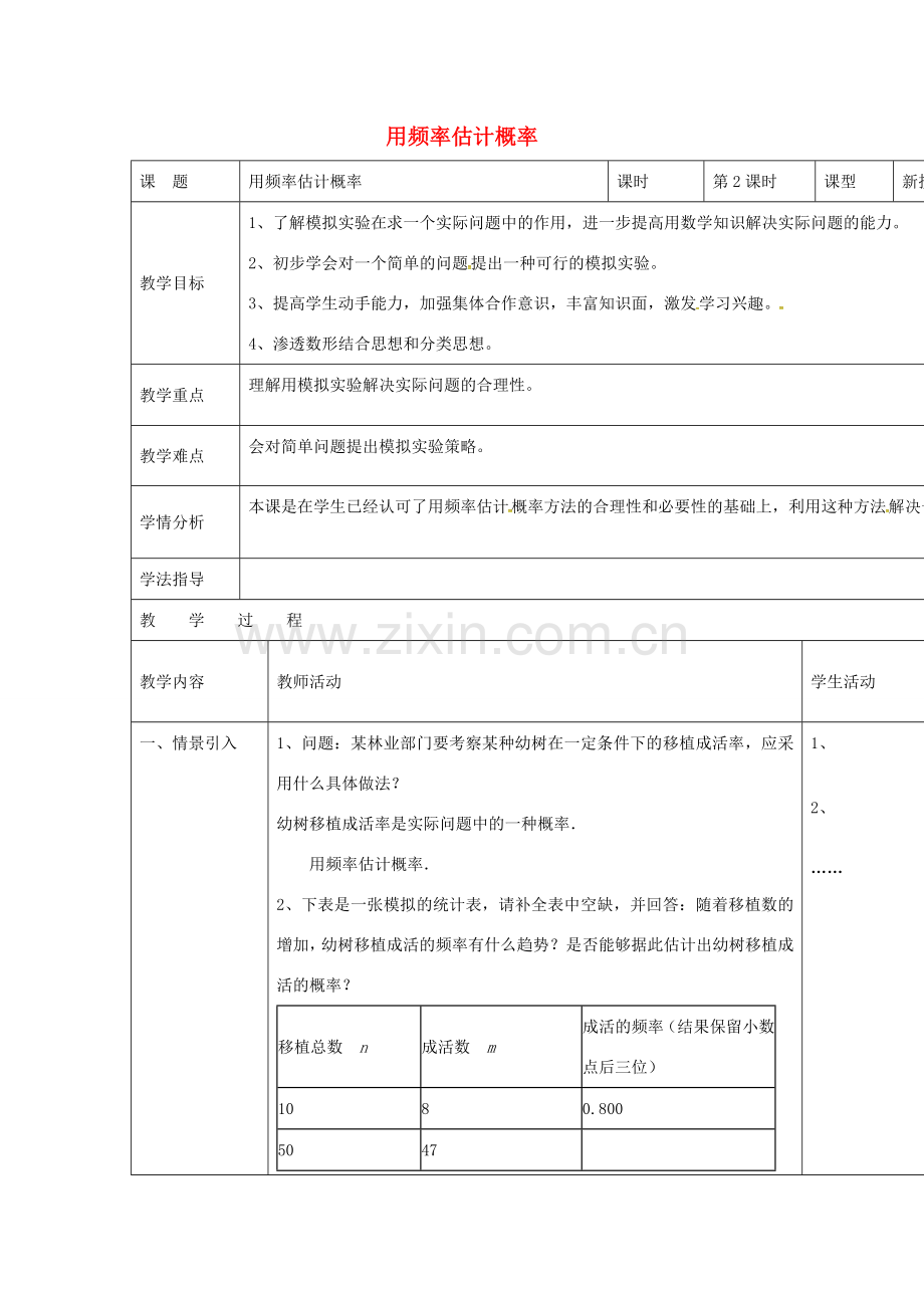 四川省华蓥市明月镇九年级数学上册 25.3 利用频率估计概率教案2 （新版）新人教版-（新版）新人教版初中九年级上册数学教案.doc_第1页