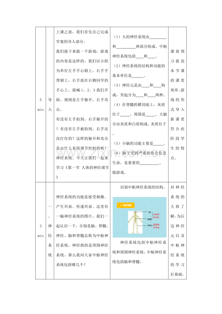 秋七年级生物下册 12.2 人体的神经调节（第1课时）教学设计 （新版）苏教版-（新版）苏教版初中七年级下册生物教案.doc_第2页