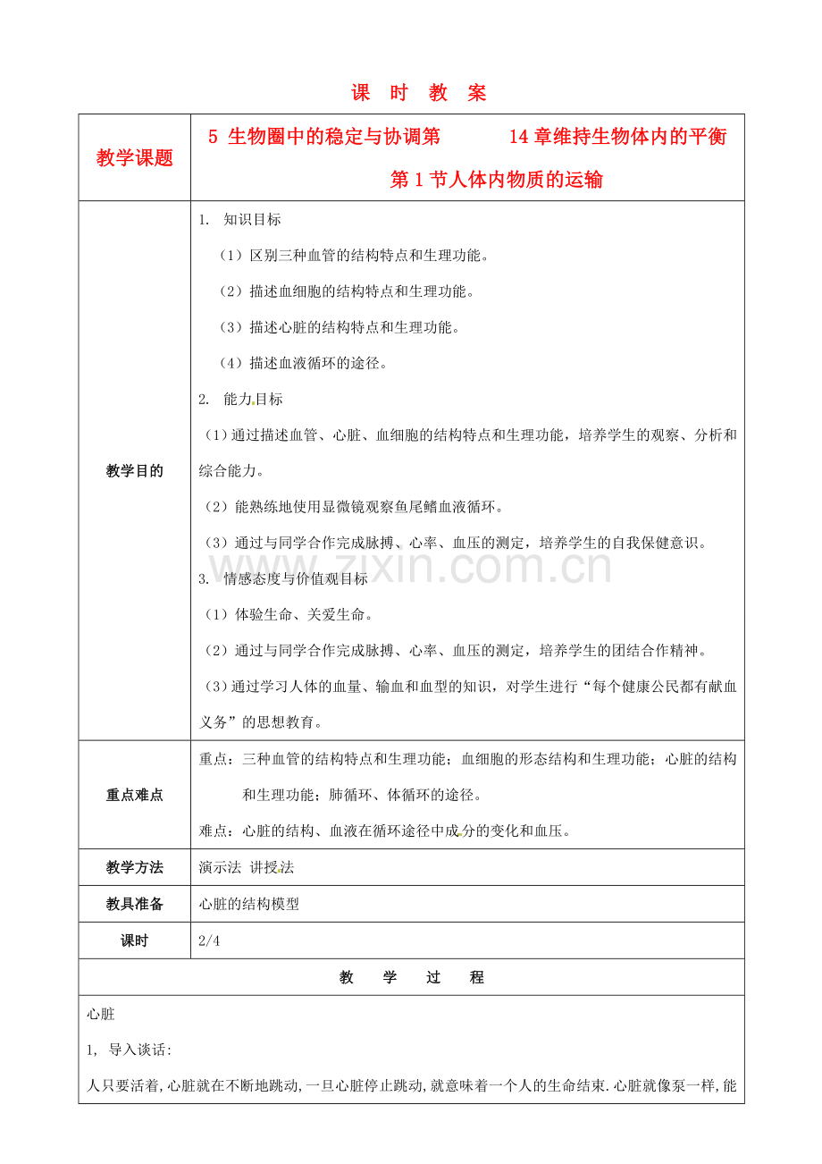 江苏省苏州市第26中学八年级生物 14.1《人体内物质的运输》教案2.doc_第1页