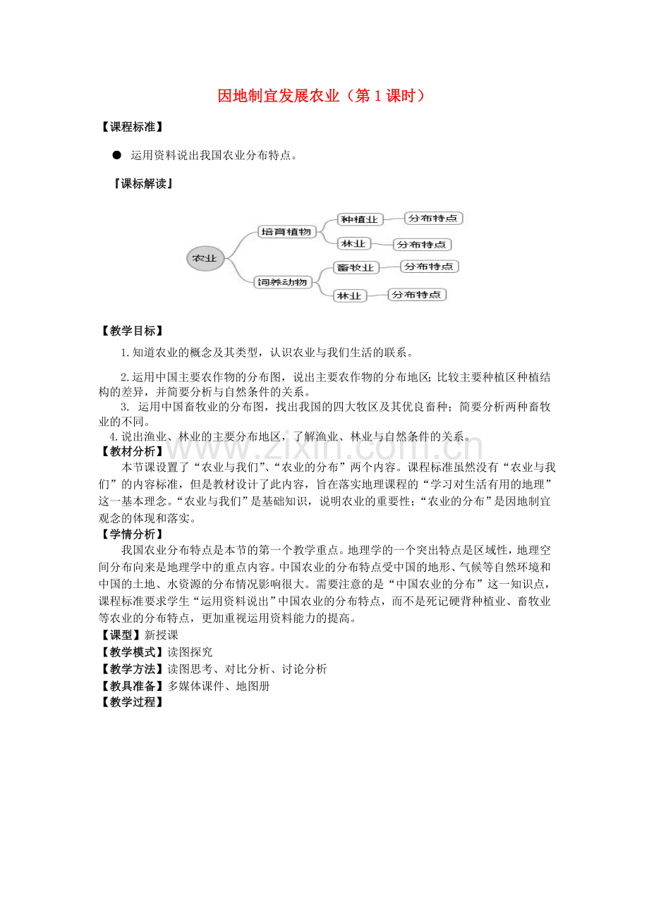 八年级地理上册 第4章第1节 因地制宜发展农业（第1课时）教案（1）（新版）商务星球版.doc_第1页