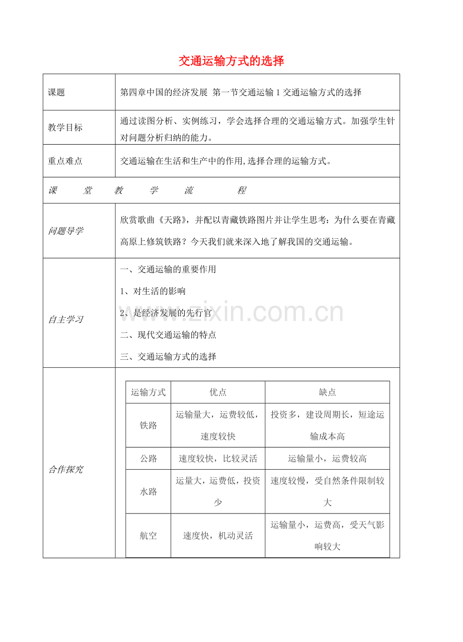 八年级地理上册 第四章 第一节 交通运输（交通运输方式的选择）教案 （新版）新人教版-（新版）新人教版初中八年级上册地理教案.doc_第1页