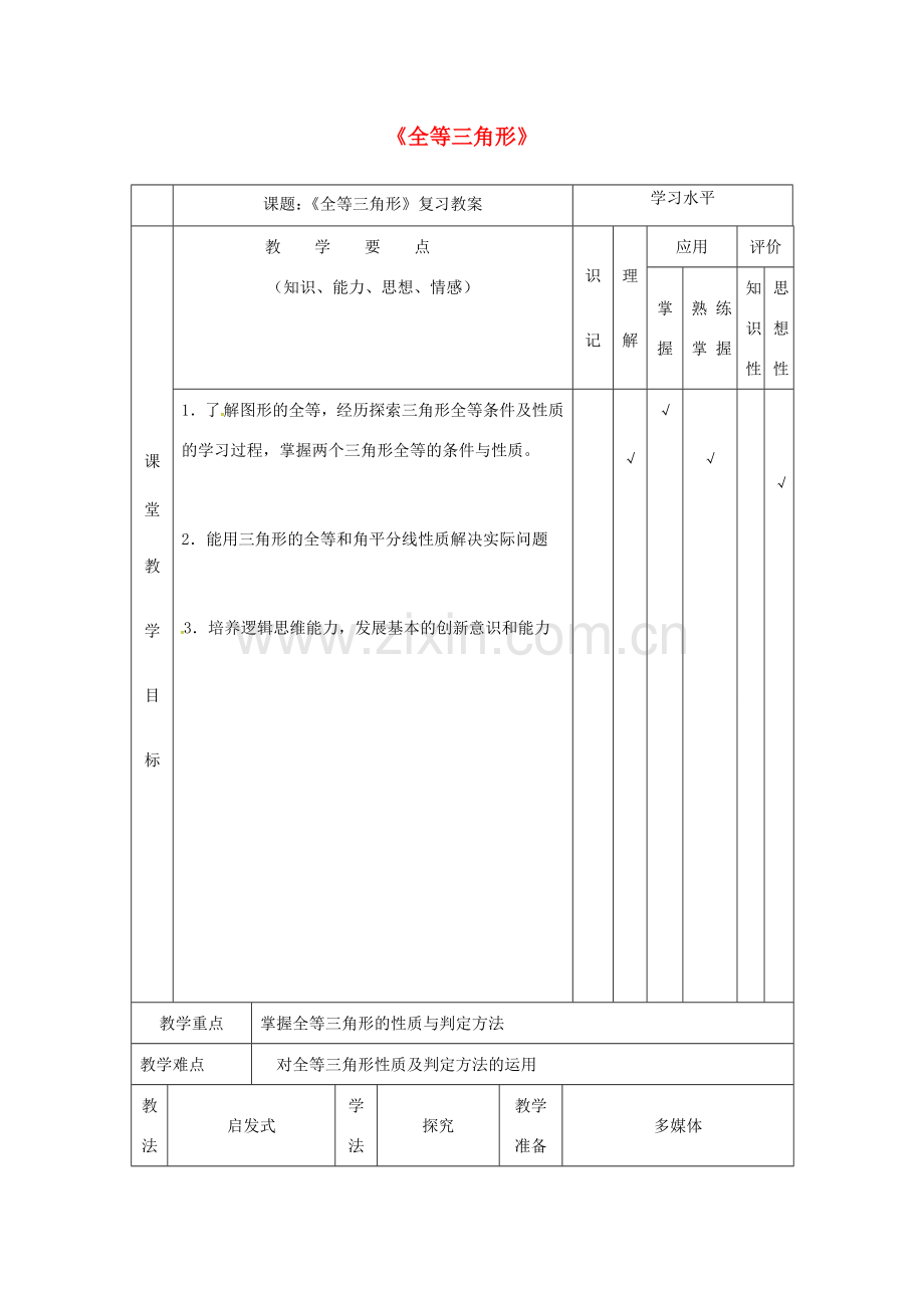 八年级数学上册 第12章 全等三角形复习教案 （新版）新人教版-（新版）新人教版初中八年级上册数学教案.doc_第1页