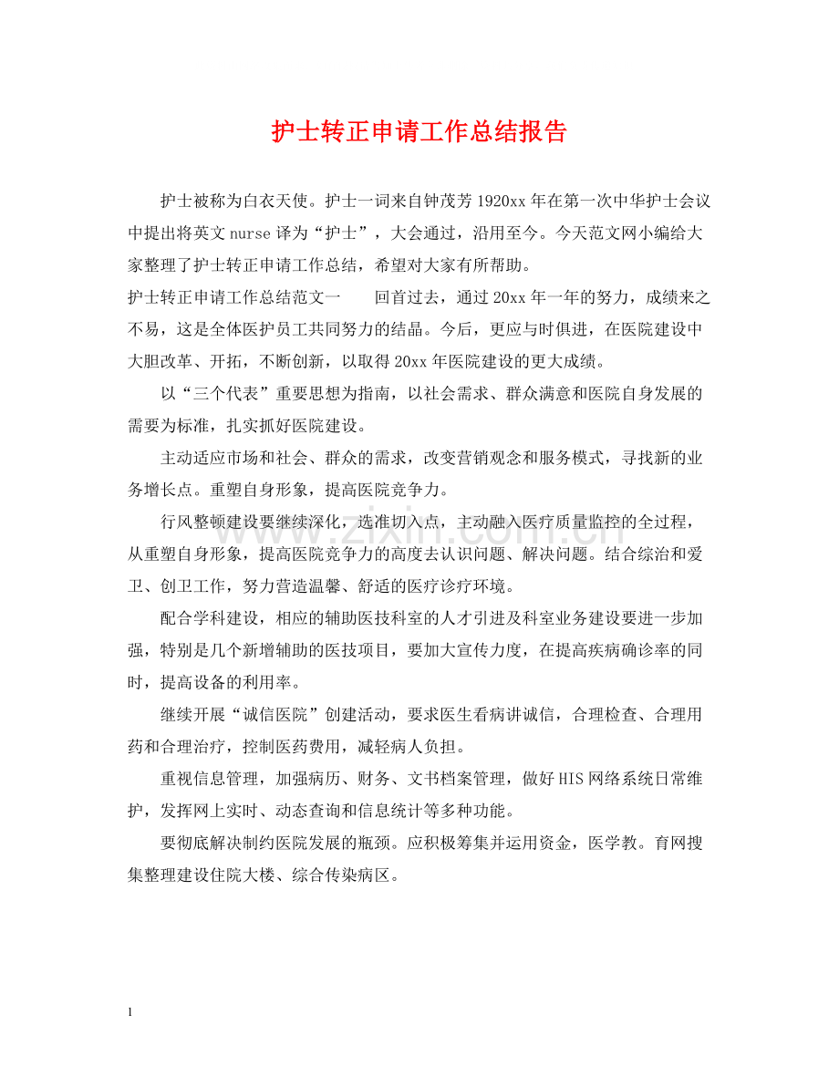 护士转正申请工作总结报告.docx_第1页