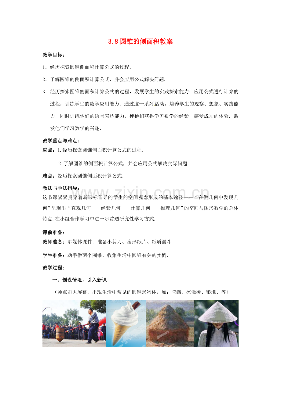 山东省枣庄市峄城区吴林街道中学九年级数学下册 3.8 圆锥的侧面积教案 北师大版.doc_第1页