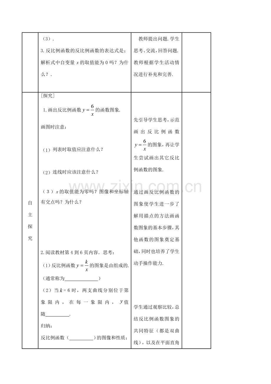 九年级数学下册 第26章 反比例函数 26.1.2 反比例函数的图象和性质（1）教案 （新版）新人教版-（新版）新人教版初中九年级下册数学教案.doc_第2页