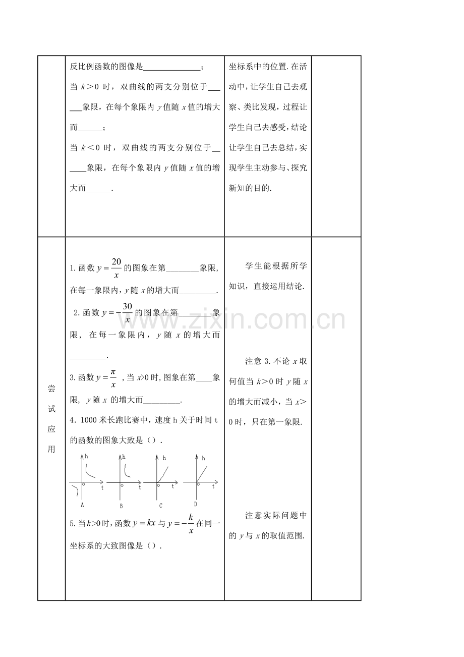 九年级数学下册 第26章 反比例函数 26.1.2 反比例函数的图象和性质（1）教案 （新版）新人教版-（新版）新人教版初中九年级下册数学教案.doc_第3页