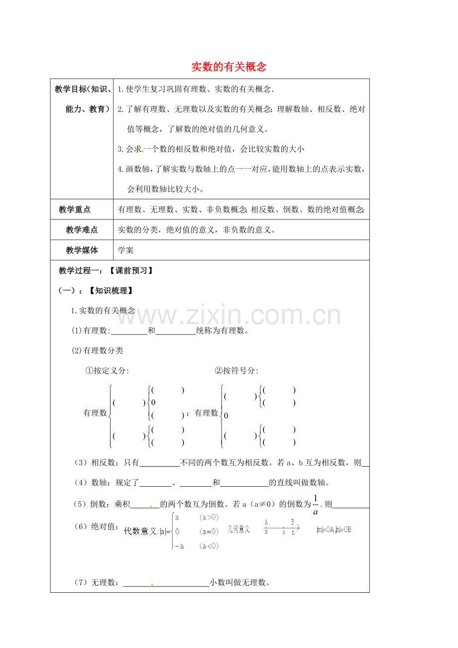 山东省龙口市兰高镇中考数学一轮复习 教学设计一（实数的有关概念） 鲁教版-鲁教版初中九年级全册数学教案.doc_第1页