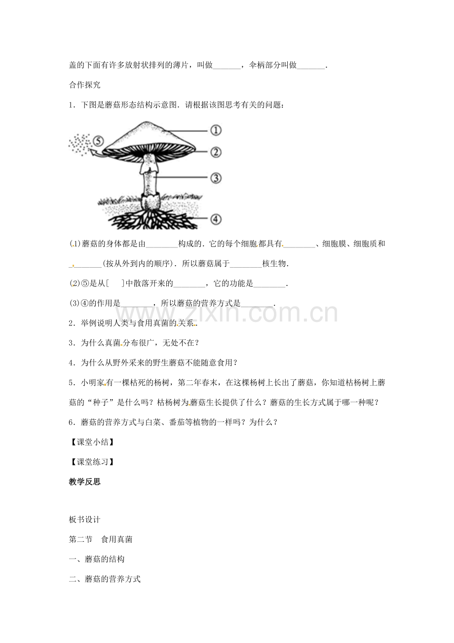 八年级生物上册 5.2.2食用真菌教学设计 （新版）冀教版-（新版）冀教版初中八年级上册生物教案.doc_第2页