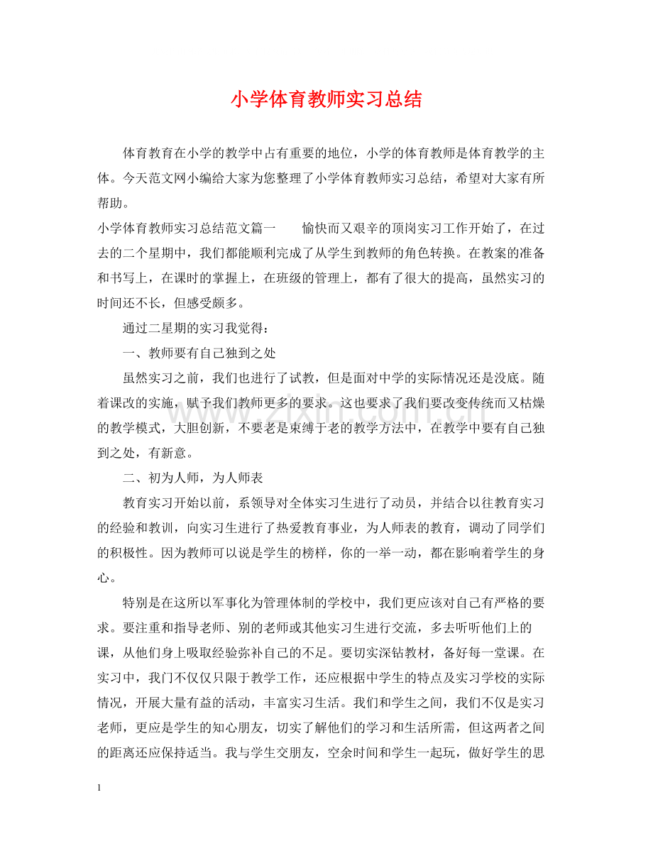 小学体育教师实习总结.docx_第1页