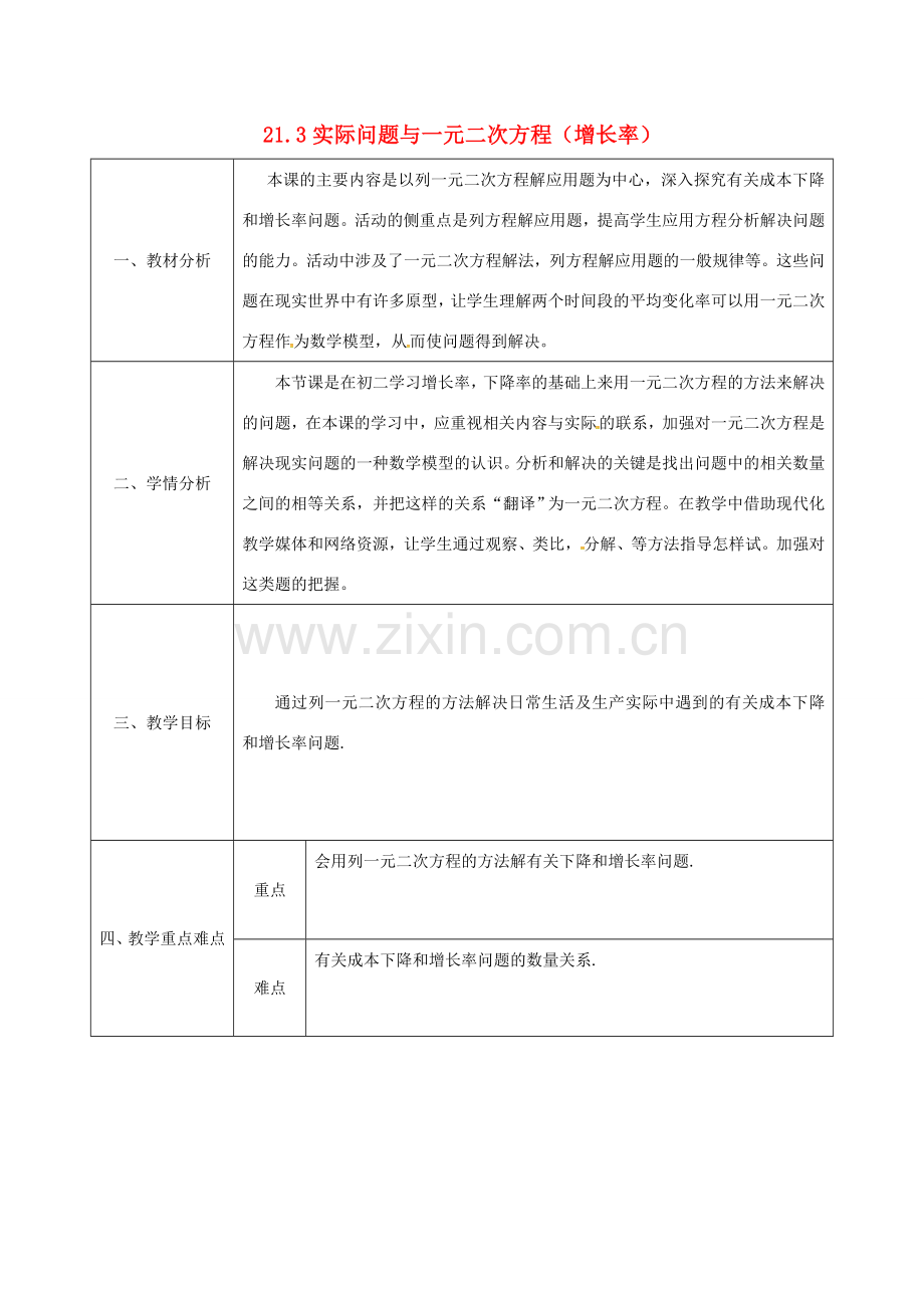 陕西省安康市石泉县池河镇九年级数学上册 21.3 实际问题与一元二次方程（增长率）教案 （新版）新人教版-（新版）新人教版初中九年级上册数学教案.doc_第1页