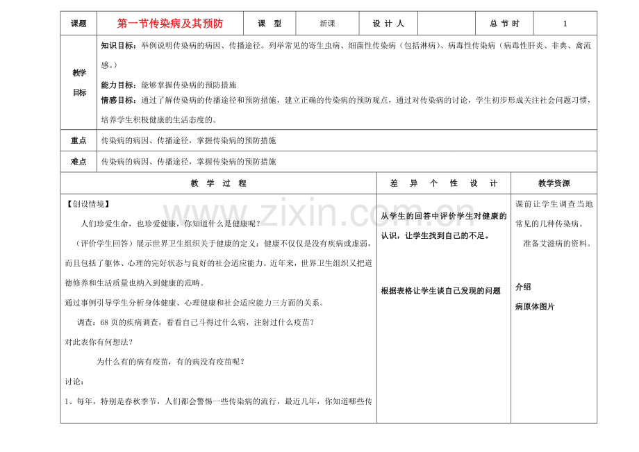 吉林省长春市第一零四中学八年级生物下册 第八单元 第一章 第一节 传染病及其预防教案 新人教版.doc_第1页