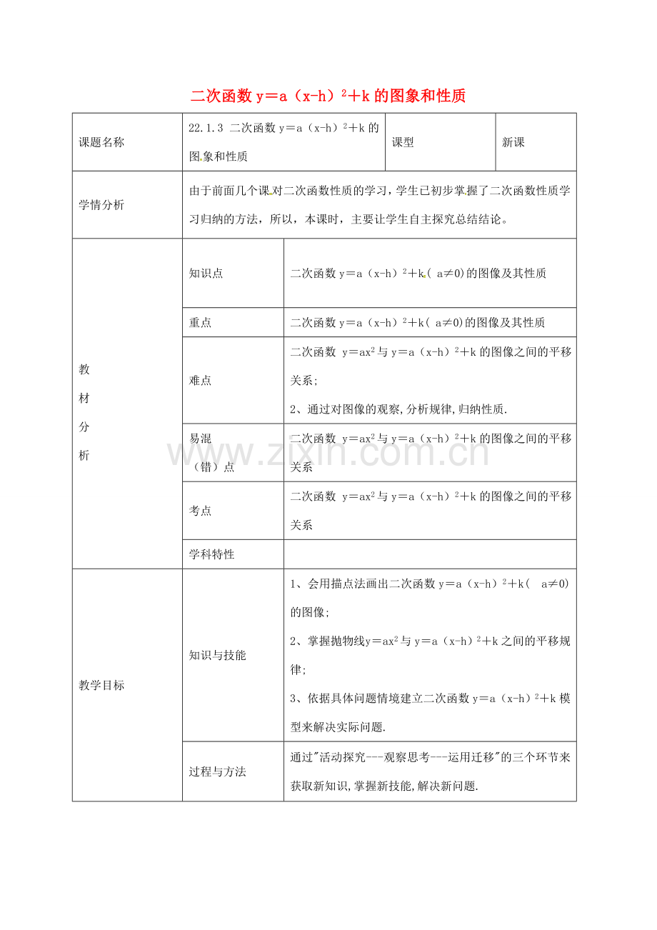 九年级数学上册 22.1.5 二次函数ya(x-h)2k图象和性质教案 （新版）新人教版-（新版）新人教版初中九年级上册数学教案.doc_第1页