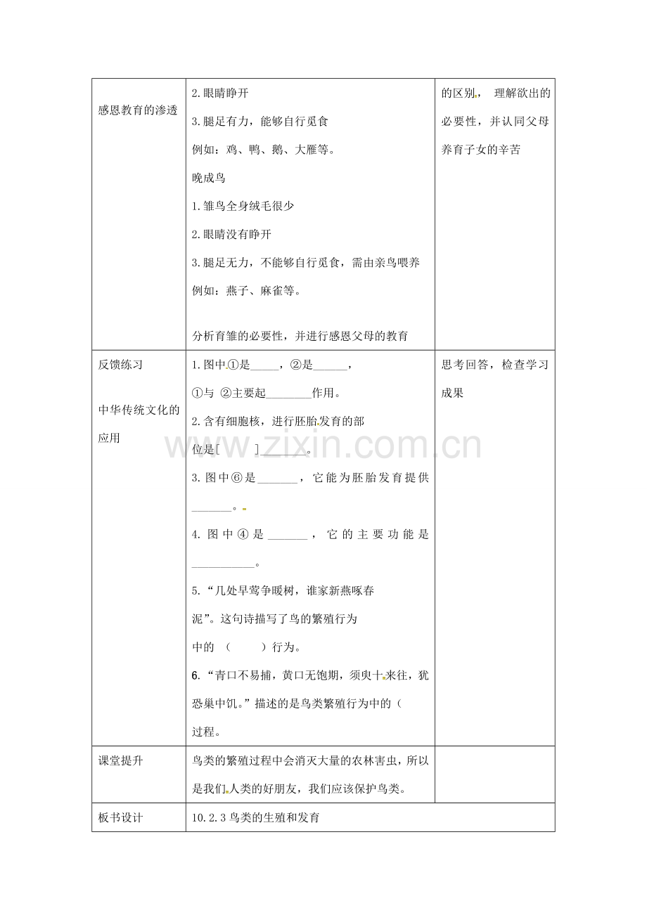 八年级生物上册 第10章 第2节 动物的的生殖和发育（三 鸟类的生殖和发育）教案 北京课改版-北京课改版初中八年级上册生物教案.doc_第3页