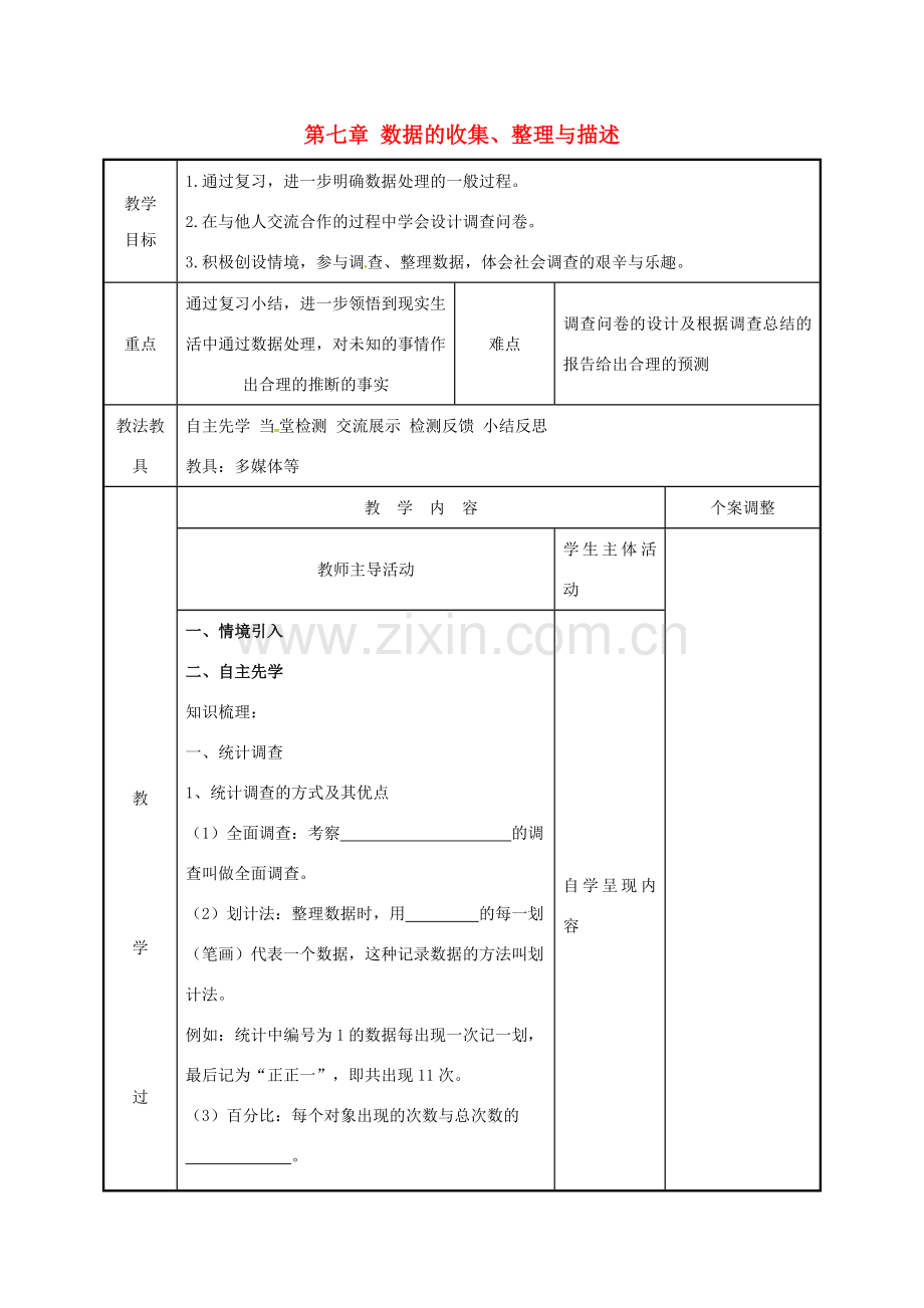 江苏省徐州市新沂市踢球山乡八年级数学下册 第七章 数据的收集、整理与描述小结教案1 （新版）苏科版-（新版）苏科版初中八年级下册数学教案.doc_第1页