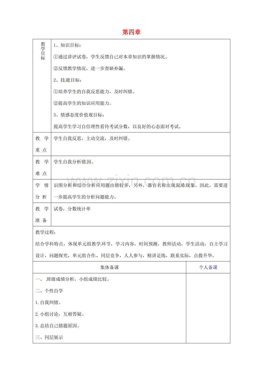 山东省淄博市临淄区第八中学七年级生物下册 第四章 人体内物质的运输测试讲评教案 新人教版.doc_第1页