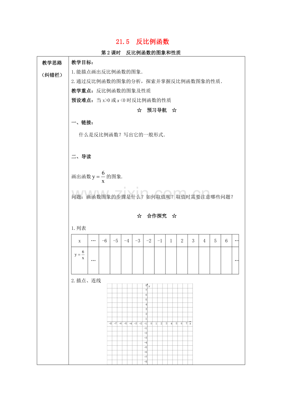 秋九年级数学上册 第21章 二次函数与反比例函数 21.5 反比例函数 第2课时 反比例函数的图象和性质教案2 （新版）沪科版-（新版）沪科版初中九年级上册数学教案.doc_第1页