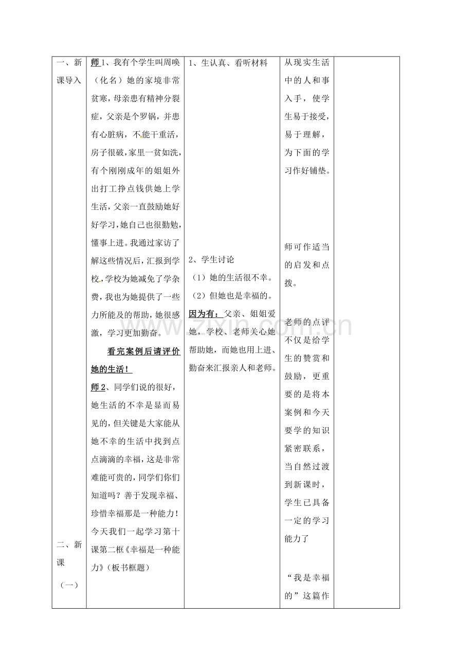 九年级政治全册 第四单元 从这里出发 第10课 幸福的味道 幸福是一种能力教案 人民版-人民版初中九年级全册政治教案.doc_第2页