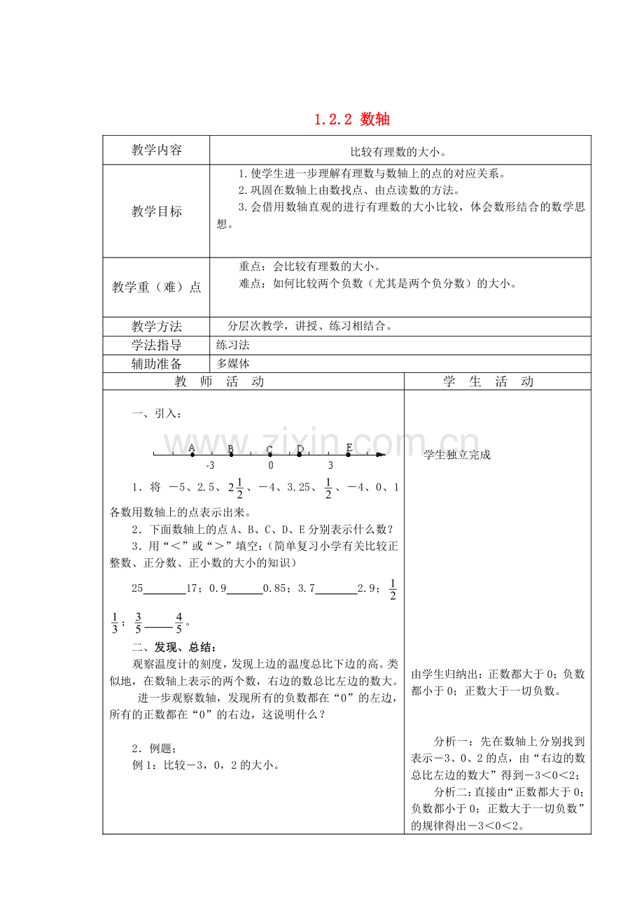 重庆市大足区拾万中学七年级数学上册 1.2.2 数轴教案2 （新版）新人教版.doc_第1页