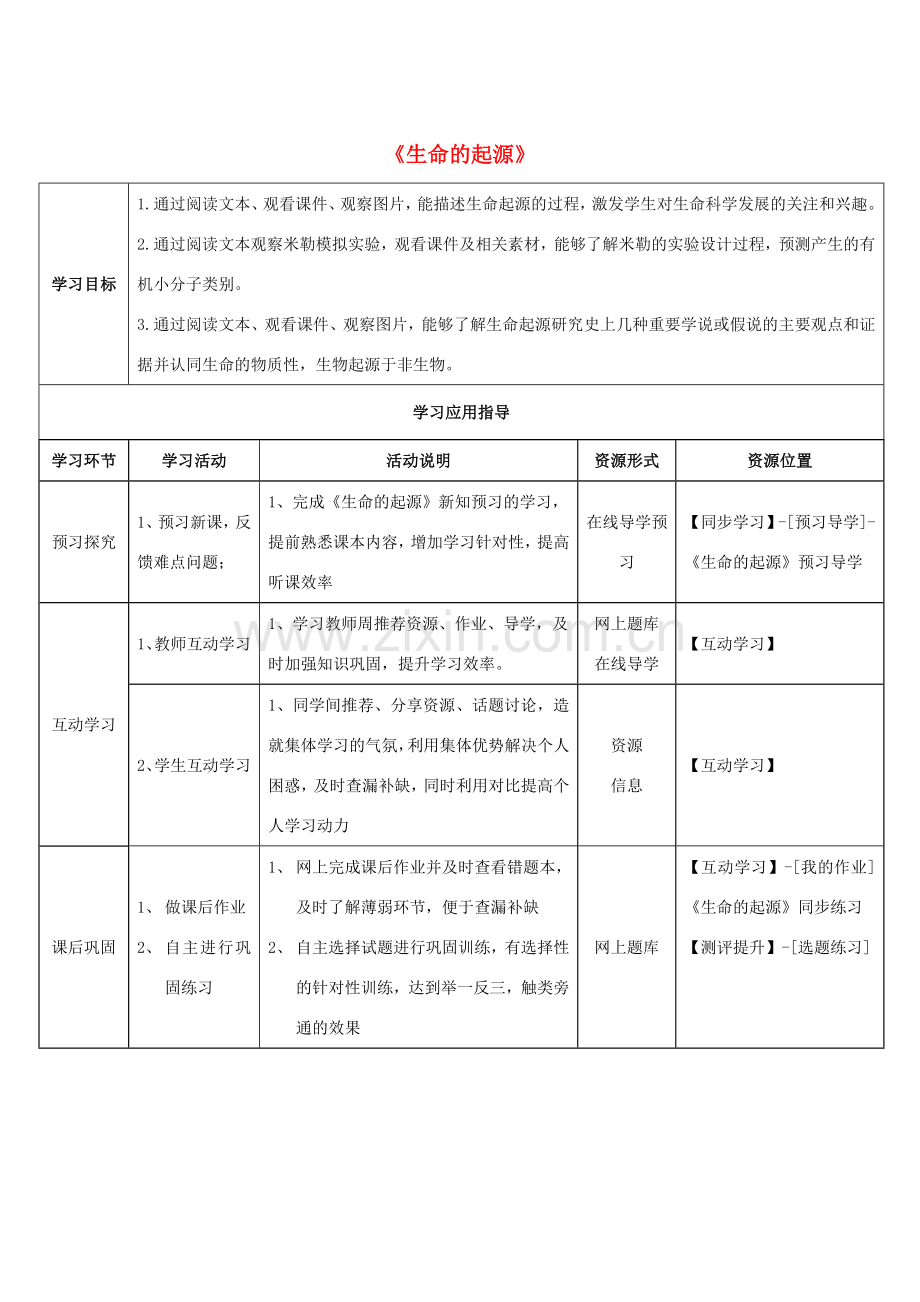 八年级生物下册 5.1.1 生命的起源学生学习应用指导 （新版）济南版.doc_第1页